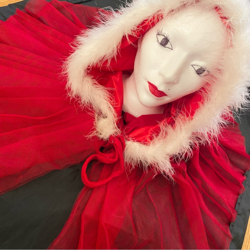 Winter Christmas Red Cloak Fuzzy Velvet Hooded with White Trim Marabou. OS